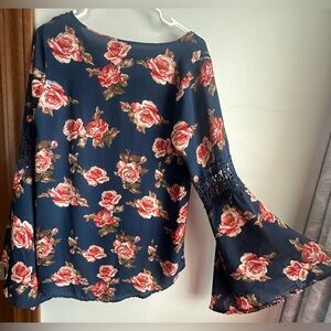 Floral High Low Blouse with Lace detailed Bell Sleeves